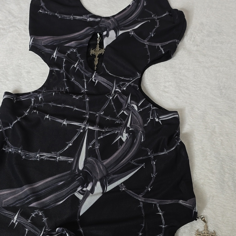 Hardcore dance cross and thorus printed mesh jumpsuit size small NWT. - Picture 6 of 13